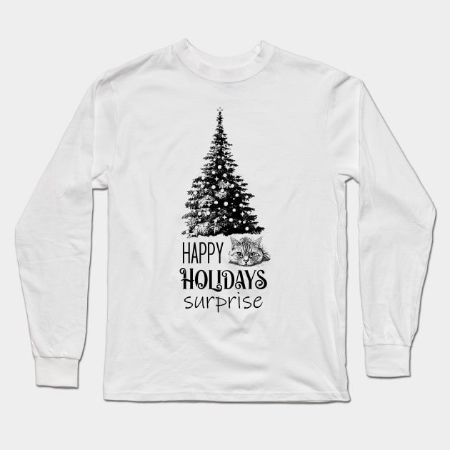 Happy Holidays with Cat Long Sleeve T-Shirt by Biophilia